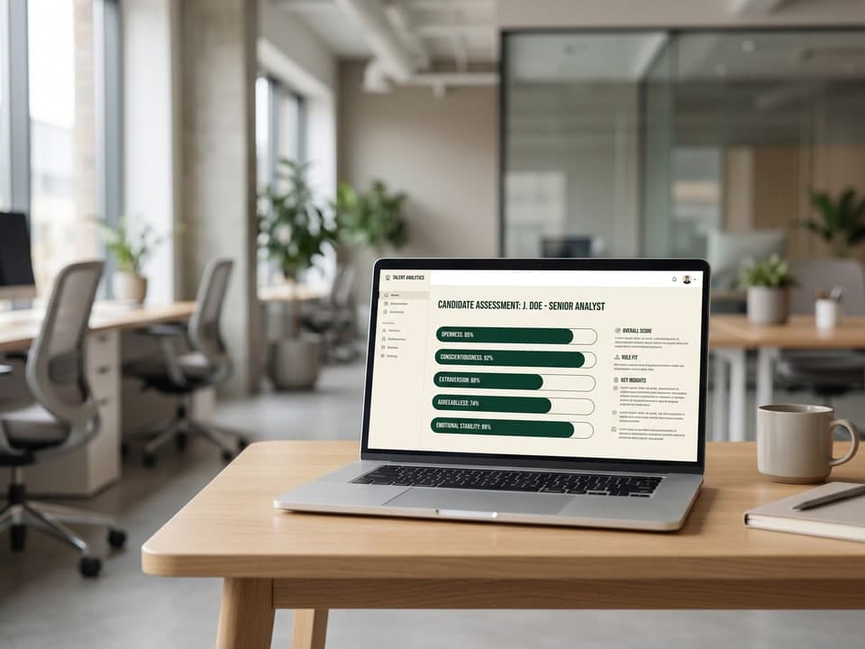 Candidate assessment dashboard on a laptop — Big Five trait report
