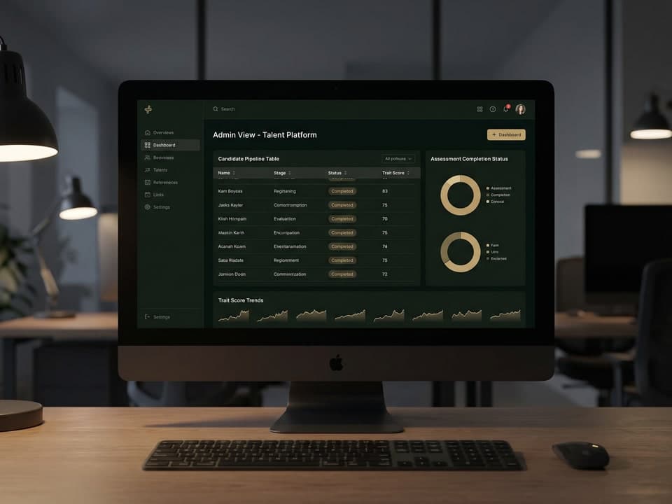 Dark-mode talent platform dashboard with candidate pipeline and scores